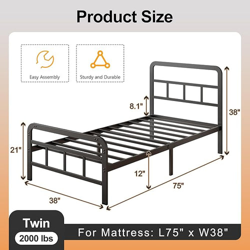 12 Inch Twin Bed Frames with Headboard and Footboard, No Box Spring Needed, Heavy Duty Metal Mattress Foundation, Noise Free, Easy Assembly, Black