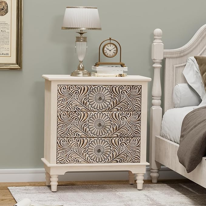COSIEST 3 Drawers Accent Dresser, Vintage Small Accent Chest with 4 Wood Legs, Free-Standing Buffet Server Nightstand End Table for Bedroom, Living Room, Entryway