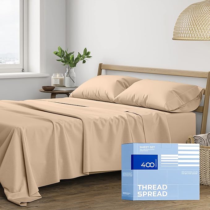 THREAD SPREAD 100% Cotton Queen Sheets Set - 400 Thread Count Queen Size Sheets (4 PC, Cocoa Taupe), 16" Deep Pocket All Around Elastic, Soft, Cooling, Durable & Breathable Sateen Weave Bed Sheet Set