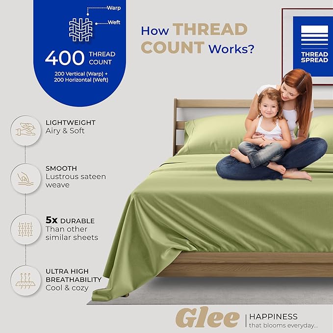 THREAD SPREAD 100% Cotton Queen Sheets Set - 400 Thread Count Queen Size Sheets (4 PC, Sage Green), 16" Deep Pocket All Around Elastic, Soft, Cooling, Durable & Breathable Sateen Weave Bed Sheet Set