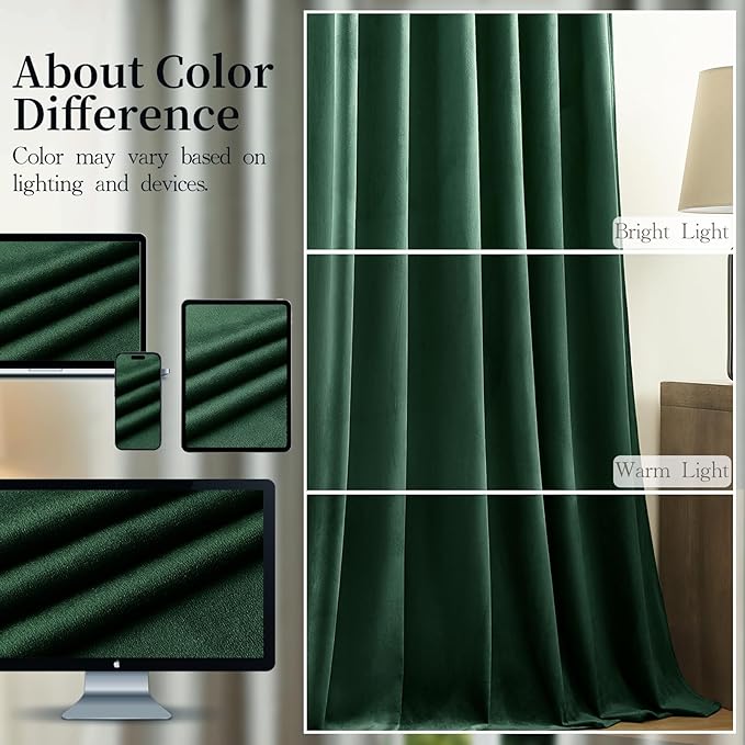 Green Velvet Curtains 84 Inches for Living Room, Elegant Thermal Insulated Luxury Drapes Room Darkening Heavy Blackout Curtains for Bedroom, Back Tab Rod Pocket, Dark Green, W52 x L84, 2 Panels