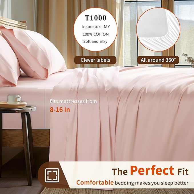 LBRO2M 1000 Thread Count 100% Egyptian Cotton Sheets Set Twin, 3 Piece Sets Bed Sheet Deep Pocket Sheet Set 16" Soft Comfortable All Season (Twin, Pink)