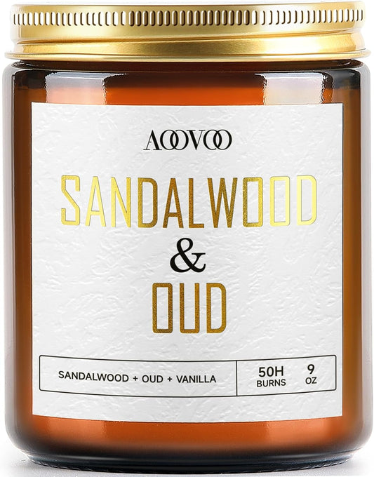 AOOVOO Sandalwood Oud Candle - Sandalwood Candle, Scented Candles, Soy Candles for Home Scented, 9oz