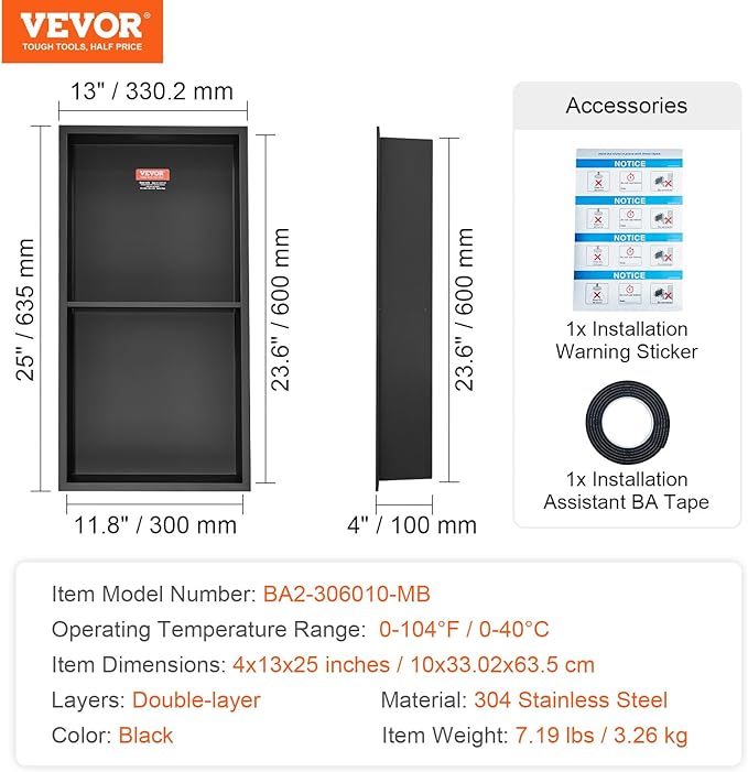 VEVOR 13"x25" Shower Niche No Tile Needed 304 Stainless Steel, Recessed Shower Niche Shelf for Bathroom Storage, Brushed Nickel