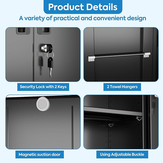 Garage Storage Cabinet with Wheels, Broom Closet Storage Cabinet with Pegboards and Adjustable Shelves, Metal Tool Cabinet with Lockable Door for Garage Home, Black