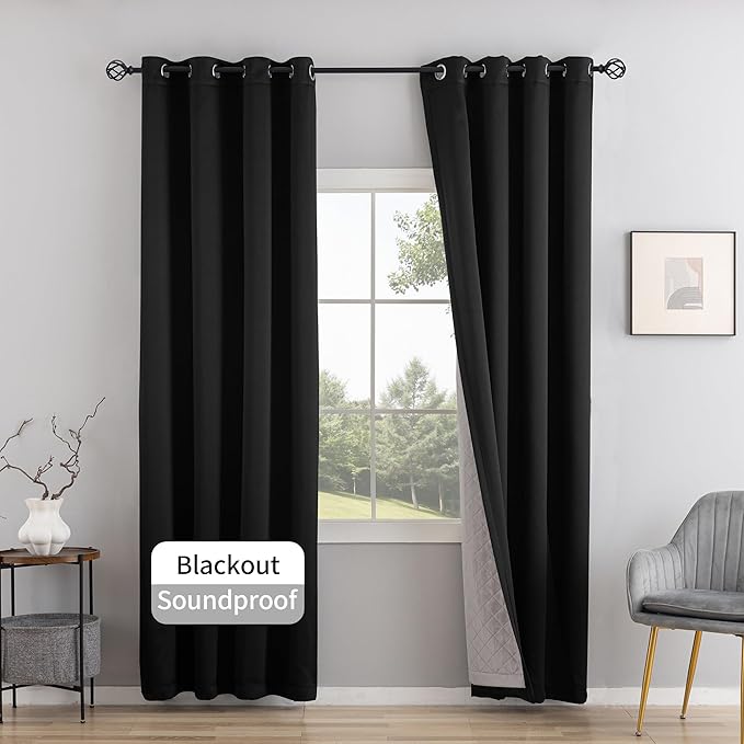 3-in-1 Layers Soundproof Curtains,Grommet Full Blackout Thermal Noise Dampening Curtains for Living Room, Bedroom(1 Panel,Black,50" x96")