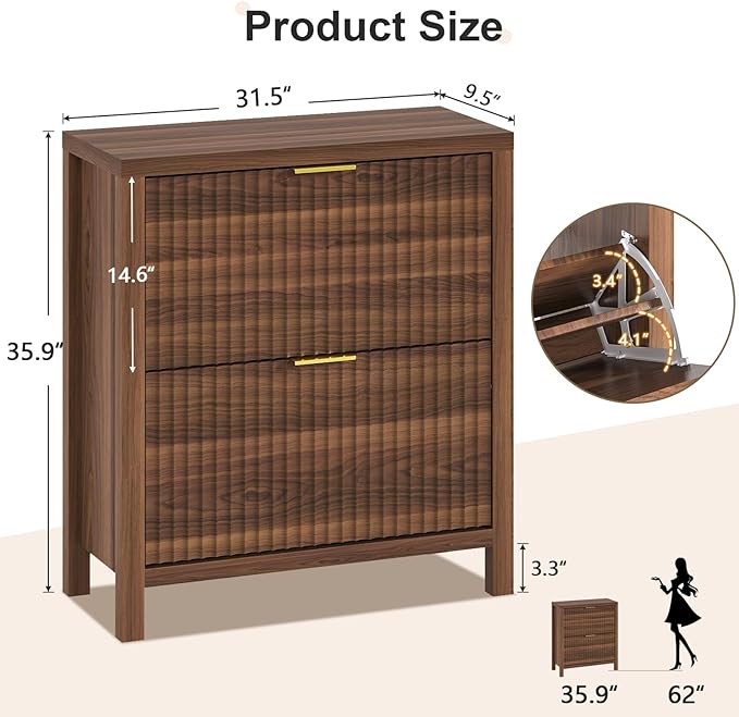 Shoe Cabinet Storage for Entryway, Fluted Shoe Cabinet with 2 Flip Drawers, Hidden Shoe Rack Tall Freestanding Shoe Organizer with Legs for Hallway, Walnut