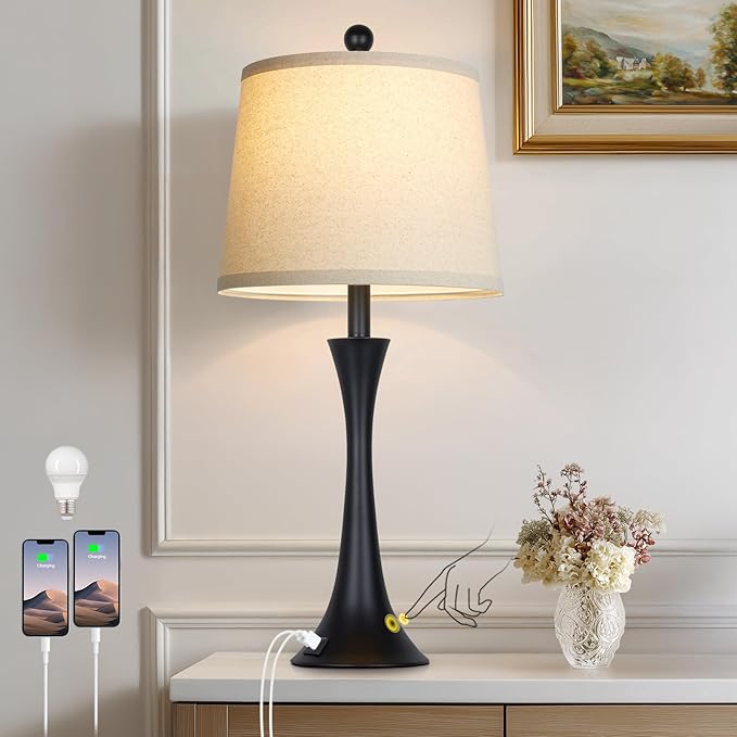 27.5" Black table Lamps for Living Room, Touch Control 3-Way Dimmable Bedside Nightstand Lamps Bedroom Lamp,Modern Black Table Lamp with USB A+C Ports,Tall Lamps for Living Room End Table（1Pack）