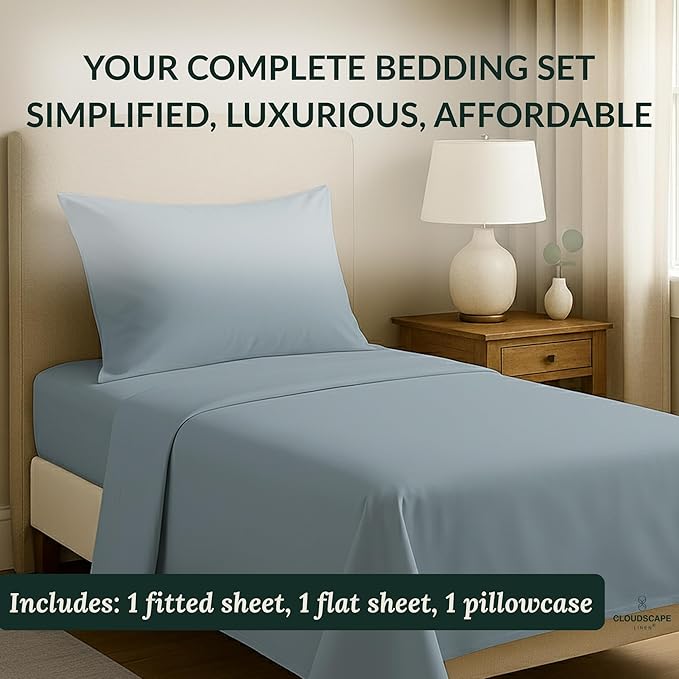Cloud Scape Linen 100% Egyptian Cotton Sheets Twin Size, 3 Pieces Luxury Bedding Set, 400 Thread Count,Hotel Quality, Silky Soft, Breathable and Durable, Deep Pockets up to 15, French Blue