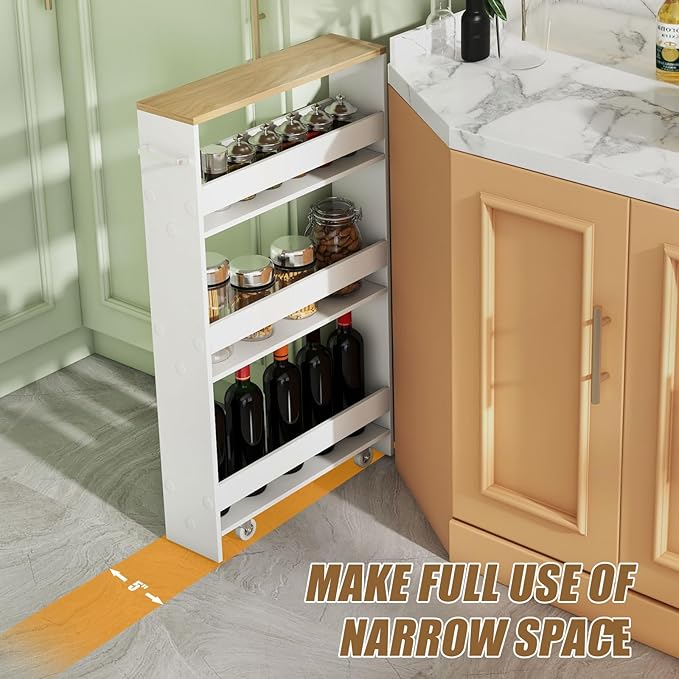 Giantex Slim Storage Cart 4 Tier, Rolling Side Cabinet w/Handle, Space Saving, Kitchen Utility Cart Tower Rack for Laundry Narrow Places (White & Brown)