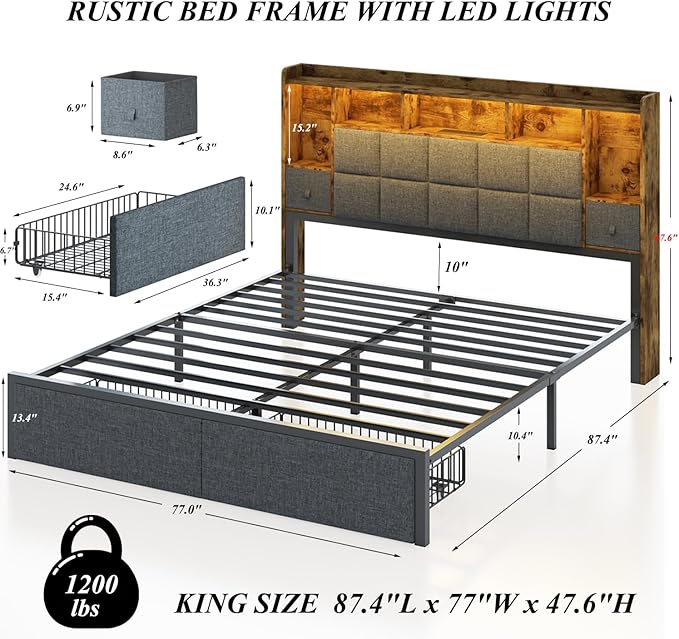 King Size Bed Frame with Bookcase Storage Drawers, LED Lights, Upholstered Platform Bed Frame with Headboard, Charging Station, Metal Slats Support, Noise Free, No Box Spring Needed, Grey