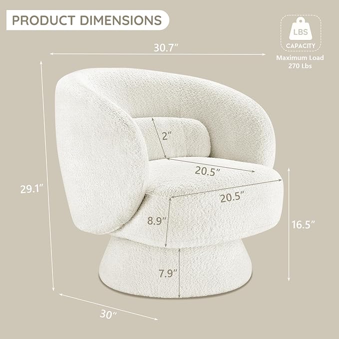 Swivel Accent Chair, Modern 360 Degree Swivel Barrel Chair with Arms & Curved Back and Lumbar Support Cushion, Comfy Round Single Boucle Sofa for Small Space, Living Room, Bedroom, White
