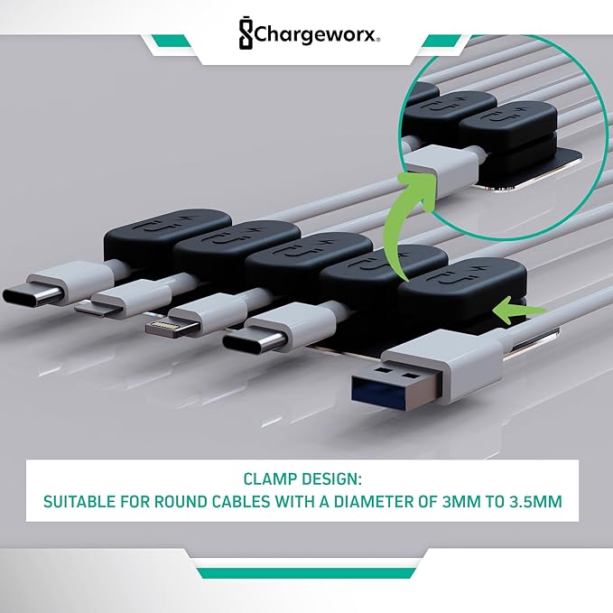 Magnetic Cable Clips [10-Pack] – Chargeworx Cord Organizer for Desk, Nightstand, Car, Wall – Strong Adhesive Wire Holder for USB-C, Lightning, Micro-USB – Tangle-Free, Snap-On, Easy Cable Management