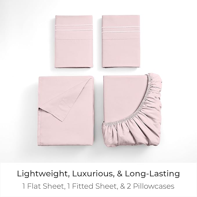 Mellanni Twin XL Sheet Set - 4-Piece Iconic Collection Bedding, (Including 2 Pillowcases), 16-Inch Deep Pocket, Easy Care, Extra Soft, Cooling Sheets, Brushed Microfiber - Blush Pink