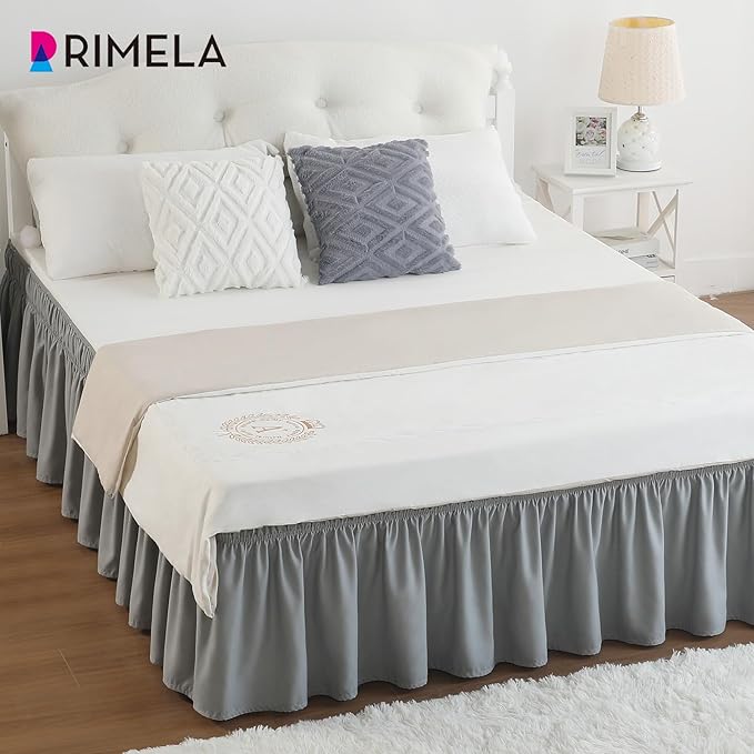 RIMELA Light Grey Bed Skirt King Size 12 Inch Drop, Elastic Bed Skirting for Bed Base and Frame, Bedding Dust Ruffle Easy to Install, Lightweight Wrap Around Adjustable Bedskirt