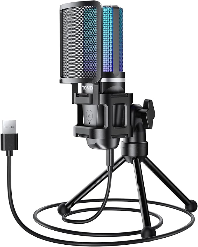TONOR Gaming USB Microphone for PC, RGB Condenser Computer Mic with Tripod Stand, Quick Mute, Gain Control, for Gaming, Streaming, Podcasting, Recording, Cardioid Mic Kit for Laptop/PS4/PS5 TC777 Pro