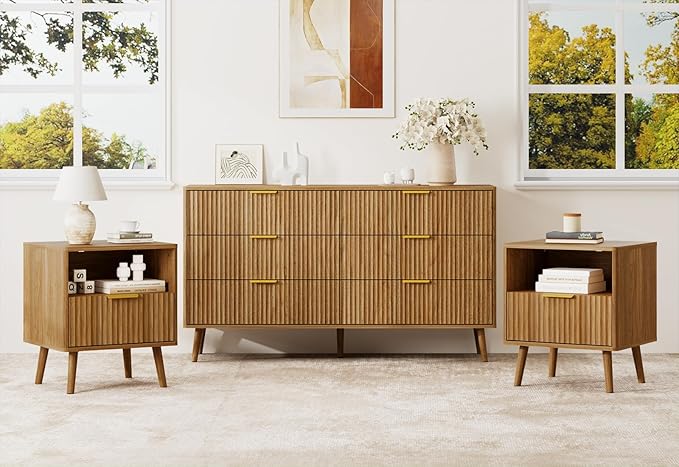 LYNSOM Fluted Dresser and Nightstand Sets 3 Piece, 6-Drawers Dresser and 1-Drawer Nightstands Set of 2, Wood Bedroom Furniture Set for Home, Bedroom, Hallway, Walnut