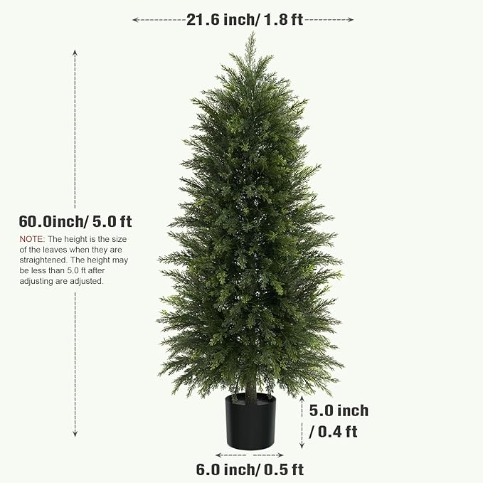 5FT Artificial Cedar Trees Set of 2, Realistic Faux Evergreen Topiary Bushes Plants, Outdoor Potted Fake Cypress Shrubs for Front Porch Garden Home Living Room Decor