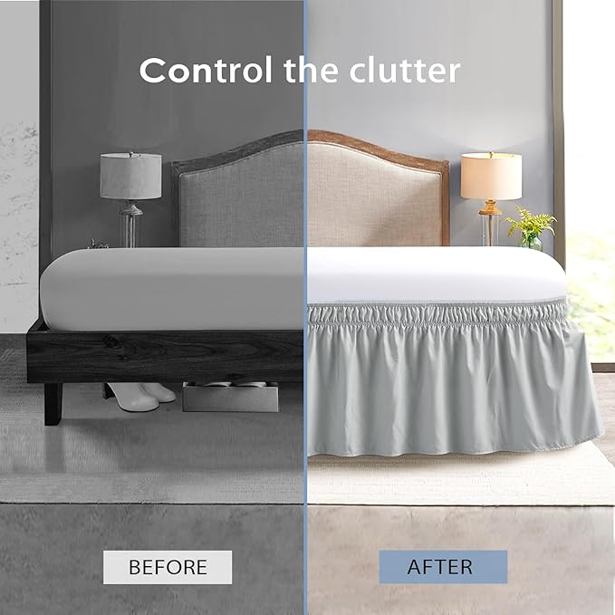 FreshCulture Elastic Wrap Around Bed Skirt - Easy Fit with 22-Inch Tailored Drop, Hotel Quality Dust Ruffle for Full Size Bed (Light Grey)
