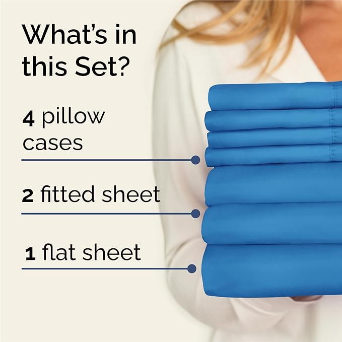 Split King 7 Piece Sheet Set - Cooling & Breathable - Hotel Luxury Bedding, Includes Fitted Sheets for Women, Men, Kids & Teens - 1 Flat, 2 Fitted Sheets, 4 Pillowcases w/Deep Pockets - Denim Blue
