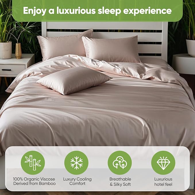 TWK Luxury Sheet Set, Genuine 100% Organic Viscose Derived from Bamboo, Cooling & Breathable, Silky Soft, Bedding Sheets & Pillowcases (Sand, California King)