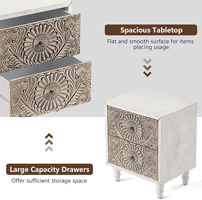 COSIEST Nightstand, 14" D x 18" W x 21.5" H MDF End Table with 2 Drawers, Vintage Style Wood Bedside Table, Bedroom Accessories for Home, Office, College Dorm