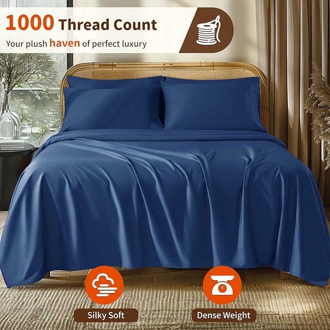LBRO2M 1000 Thread Count 100% Egyptian Cotton Sheets Set 6 Piece Sets Queen Bed Sheet Deep Pocket Sheet Set 16" Soft Comfortable All Season (Queen, Navy Blue)