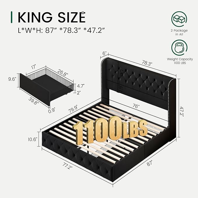 LARMACE King Size Bed Frame with 4 Storage Drawers and Tufted Headboard Velvet Upholstered Platform Bed Frame Wingback Beds with Wooden Slats Support, Easy Assembly, Black