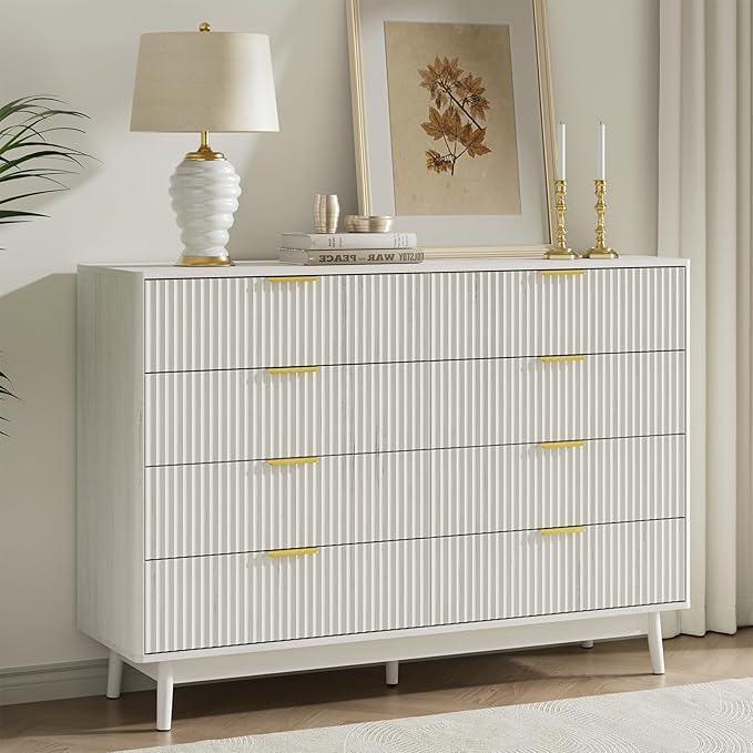 LYNSOM Fluted 8 Drawer Dresser for Bedroom, 55" Wide Modern Chest of Drawers with Curved Profile Design and Metal Handles, Wood Dresser TV Stand & Storage Organizer for Bedroom, Hallway, White