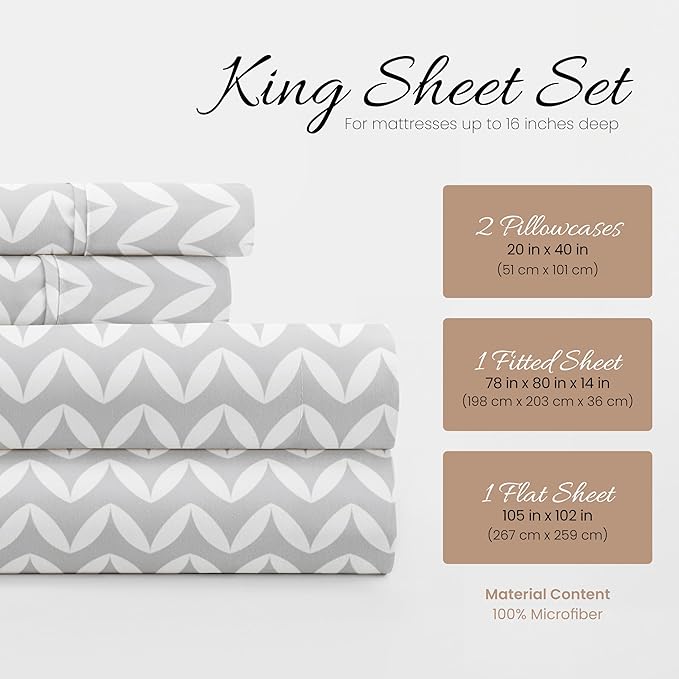Linen Market Double-Brushed Patterned Microfiber King Sheet Set 4 Piece – Oeko-TEX Certified Ultra Soft & Wrinkle-Free - 16" Deep Pocket Sheets - Easy Care King Size - Puffed Chevron Light Gray