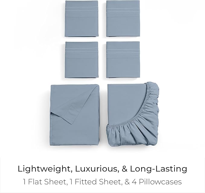 Mellanni Queen Sheet Set - 6-Piece Iconic Collection Bedding, (Including 4 Pillowcases), 16-Inch Deep Pocket, Easy Care, Extra Soft, Cooling Sheets, Brushed Microfiber - Blue Hydrangea