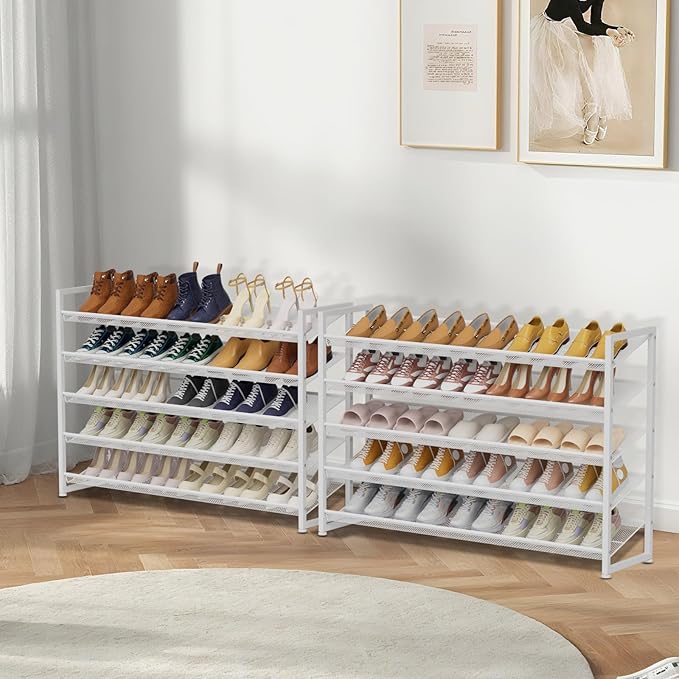 Large Shoe Rack 10 Tier Shoe Organizer, Heavy Duty Metal 5-Tier Stackable Shoe Storage Vertical Shoe Rack for Closet Front Door Entrance, Up to 62 Pairs, 44.8" W x 11.4" D x 71.2" H, White