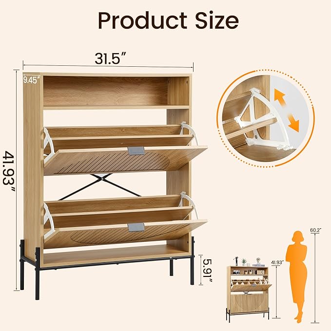 47" Fluted Large Shoe Cabinet with 4 Flip Drawers, Slim Freestanding Shoe Cabinet Organizer, Narrow Shoes Storage Rack for Entryway, 5 Sturdy Legs (All Natural-2 drawers, 9.45"D x 31.5"W x 41.93"H)