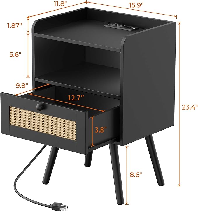 SUPERJARE Nightstands with Charging Station, Bedside Table Set of 2 with PE Rattan Drawers, Rattan Side Table with Storage & Solid Wood Feet, End Table for Bedroom, Black