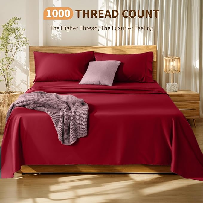 LBRO2M 100% Cotton Sheets Set Deep Pocket 19", 1000 Thread Count California King Size 4 Piece Bed Sheet Sets Soft Comfortable Bedding All Season (California King, Burgundy)