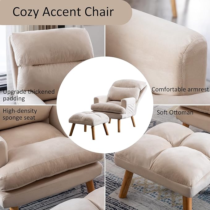 INZOY Accent Chairs with Ottoman Set, Modern Velvet Armchair with Adjustable Backrest, Comfy Lounge Chair for Living Room Bedroom, Creamy