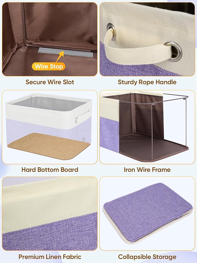 BALEINE 2 Pack Fabric Storage Bins for Shelves, Linen Storage Baskets for Organizing, Decorative Closet Bins for Clothes, Home (Lavender, 14''x10''x8.5'')