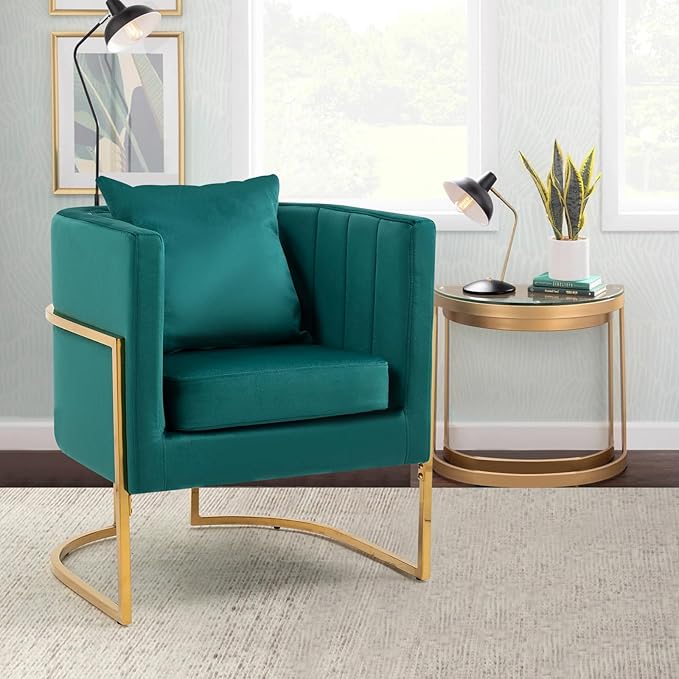 Velvet Modern Accent Chairs Set of 2, Upholstered Barrel Armchair Mid Century with Pillow for Living Room, Comfy Single Vanity Chair with Metal Gold Legs for Bedroom, Green