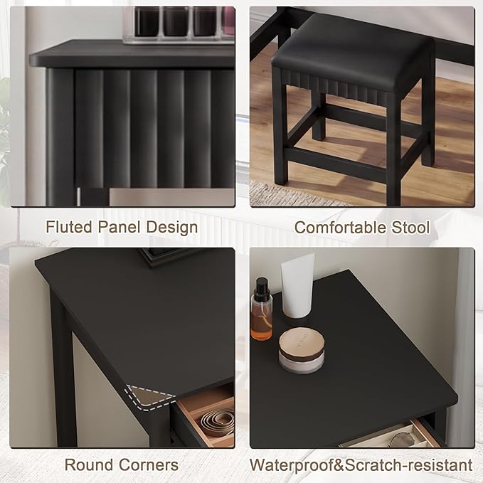 ChooChoo 47.2 Inch Modern Desk with Drawers, Makeup Vanity Desk with Padded Stool, Writing Computer Desk for Home Office & Bedroom, Black