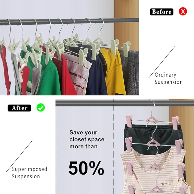 Northern Brothers 50 Pack Pants Hangers, Stackable Clothes Hangers with Clips for Skirts and Shorts, Space Saving Plastic, Pink