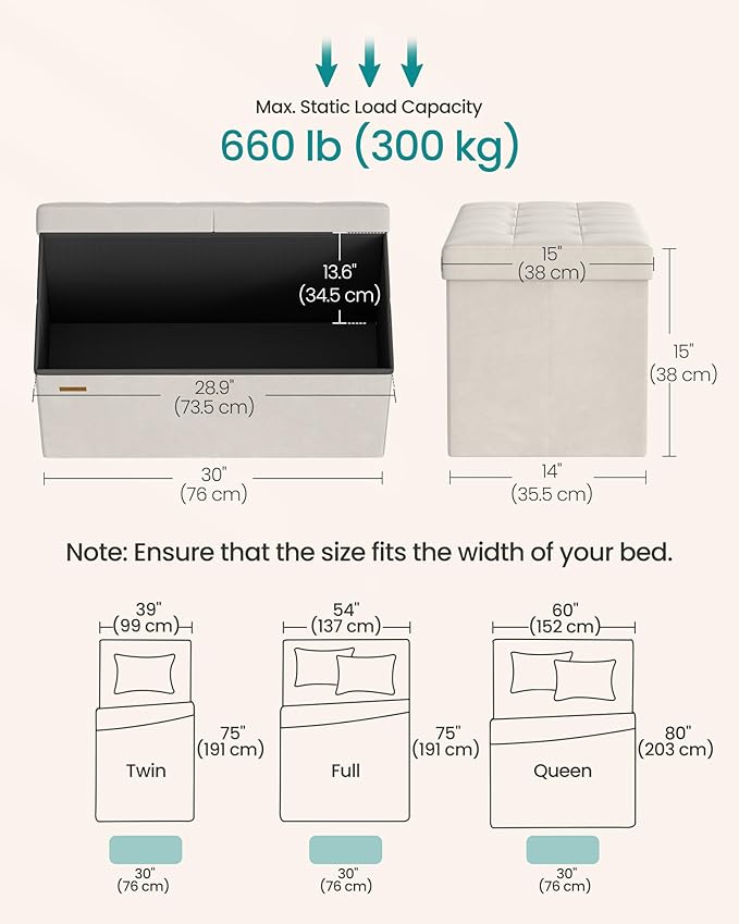 SONGMICS Mazie Collection - 30 Inches Storage Ottoman, Foldable Storage Bench with Flipping Lid, 660 lb Load Capacity, for Entryway, Living Room, Bedroom, Velvet Fabric, Cream White ULSF048LH01