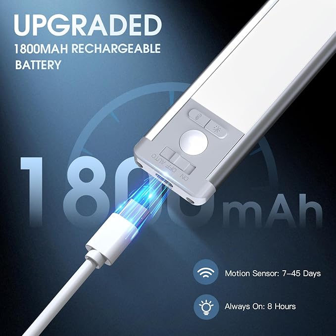 10inch Under Cabinet Lighting with 3 Color Temps, 2 Pack Rechargeable Motion Sensor Light Indoor, 5 Levels Dimmable Magnetic Closet Lights, Wireless Under Counter Lights for Kitchen, Stairs