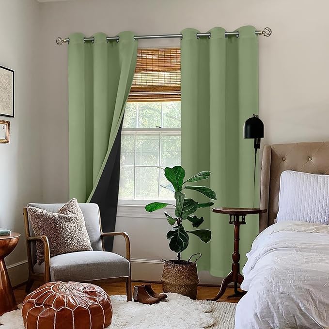 BGment Thermal Insulated 100% Blackout Curtains for Bedroom with Black Liner, Double Layer Full Room Darkening Noise Reducing Grommet Curtain (42 x 84 Inch, Grass Green, 2 Panels)