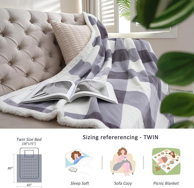 Sherpa Blanket Throw Blanket for Couch Bed Sherpa Fleece Blanket Fluffy Checkered Soft Blanket for All Season Use Cozy Thick Warm Big Throws Twin (Grey-Soft White, 60"*80")