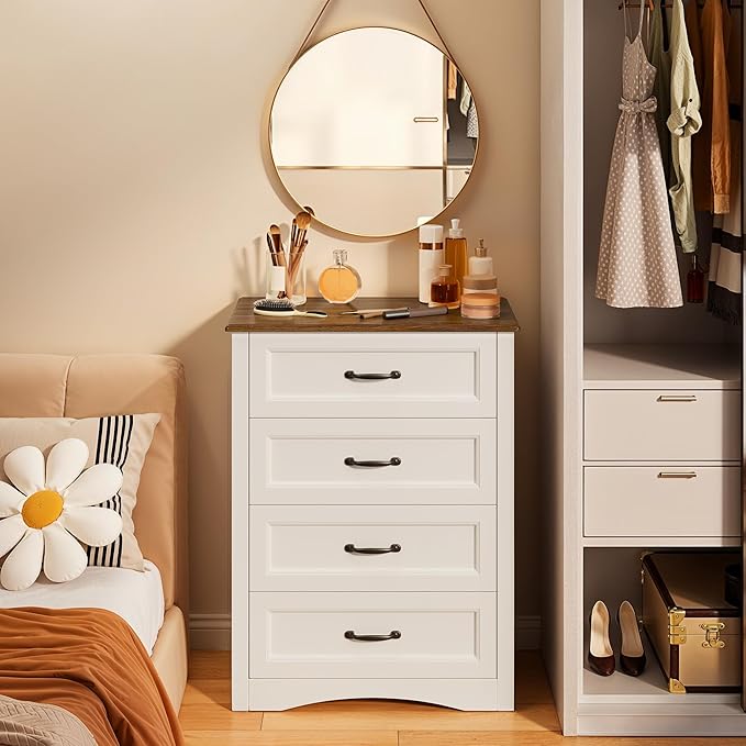 Gizoon Dresser for Bedroom with 4 Drawers Wooden Chest of Drawers for Closet Dresser Storage Unit Organizer for Hallway Living Room and Office, White and Rustic