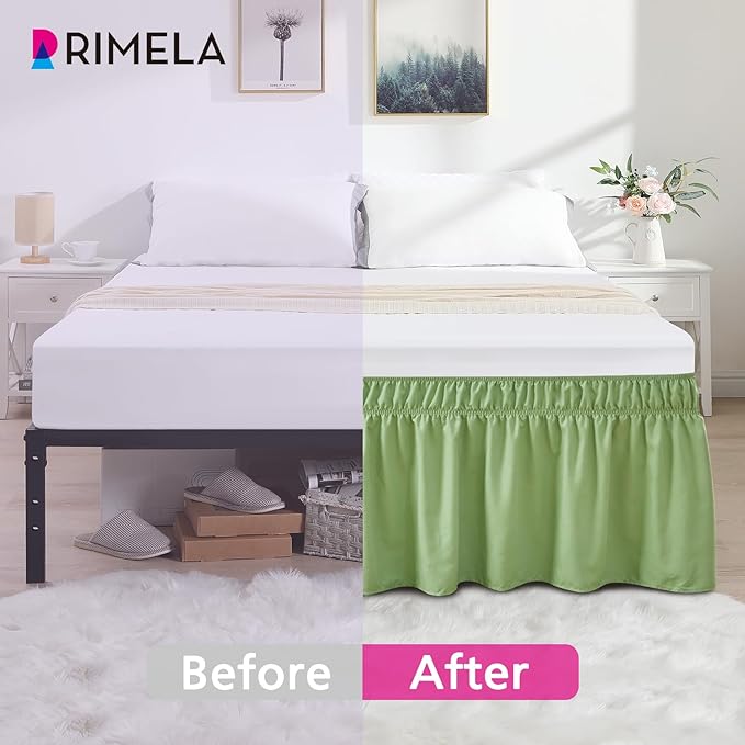 RIMELA Light Green Bed Skirt Queen Size 15 Inch Drop, Elastic Bed Skirting for Adjustable Bed Base and Frame, Bedding Dust Ruffle Easy to Install, Wrap Around Bedskirt