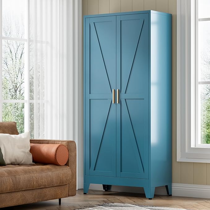 COFaR Home Farmhouse Storage Cabinet with 2 Barn Door, Tall Kitchen Pantry Cupboard with 3 Adjustable Shelves, for Dining Room, Bathroom, Living Room (Blue Green, 61" Farmhouse)