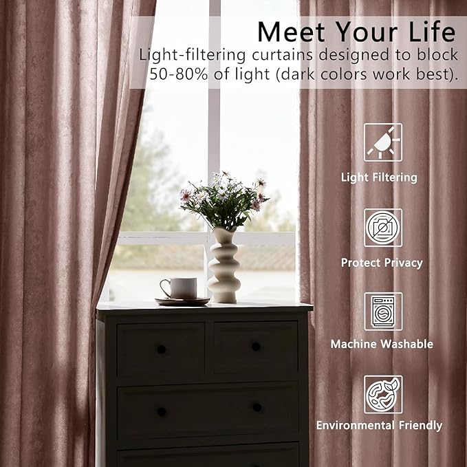 SMILETIME Pink Crushed Velvet Curtains 52x108 inch Luxurious Thermal Insulated Soundproof Drapes for Living Room Bedroom Office Soft and Durable Light-Filtering Window Treatments, 2 Panels