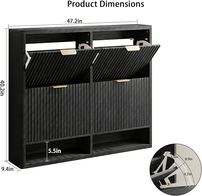 Fluted Shoe Cabinet Storage with 4 Flip Drawers, Narrow Shoe Storage Organizer for Entryway, Hidden Slim Wooden Shoe Rack Cabinet for Front Door Entrance, Hallway, Living Room (4-Drawer, Black)