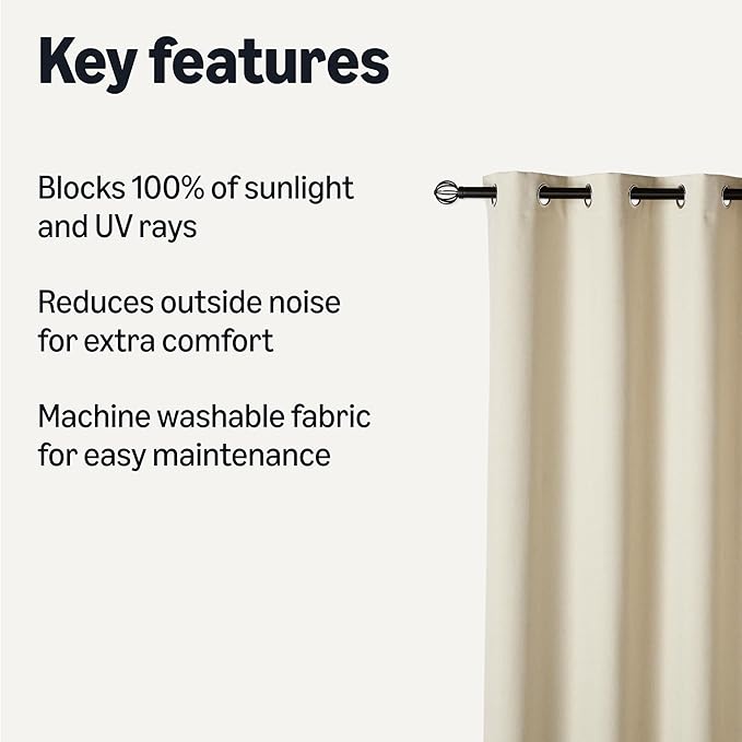 Amazon Basics 100% Blackout Curtains with Grommets, 2 Panels, 52 x 84 Inches, Beige
